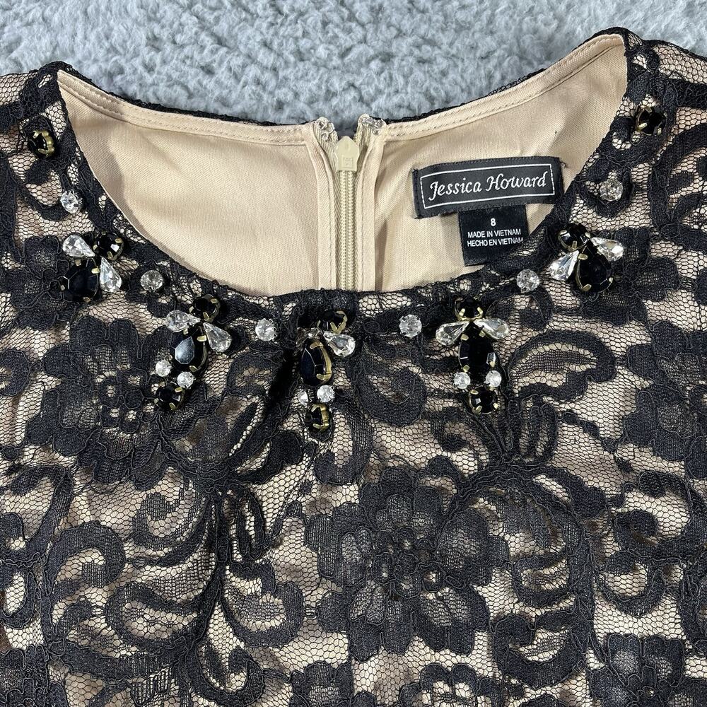 Jessica Howard Dress 8 NWT Black Lace Tan Lining Beaded Neckline Sheath JH5M8454 - Picture 3 of 13